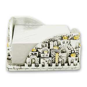 Note Holder. Jerusalem Silver and Gold Plated Memo Cube.