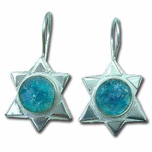 Sterling Silver and Roman Glass Star of David Earrings by Michal Kirat