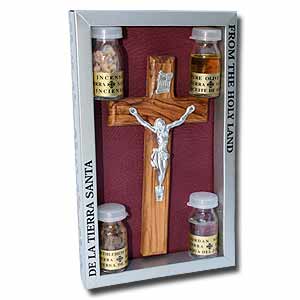 Olive Wood and Pewter Plated Crucifix with 4 Holy Land Elements