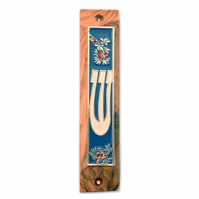 Olive Wood Shin Mezuzah with Flowers