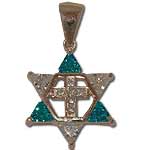 Star of David and Cross. Light Blue and Clear Stones.
