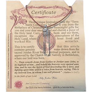 Holy Jordan Water Necklace with Certificate of Authenticity