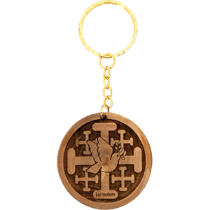Jerusalem Cross Olive with Dove Wood Keychain