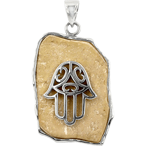 Jerusalem Stone Rectangle and Silver Hand of Miriam Necklace
