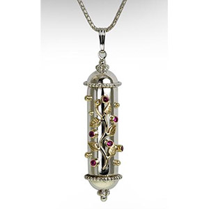 Rafael Jewelry Silver Mezuzah with 9kt Gold Vines and Rubies