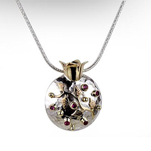 Rafael Jewelry Silver Pomegrante with 9kt Gold Leaves and Rubies