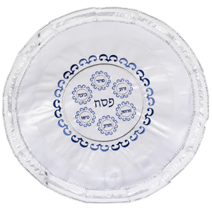 White Satin Matzah Cover with Blue Seder Plate Design