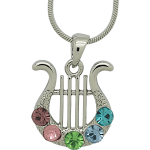 Rhodium David's Harp Pendant with Multi-Colored Stones