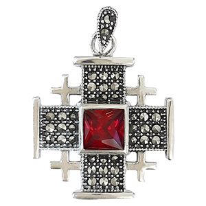 Large Silver Jerusalem Cross with Red Stone