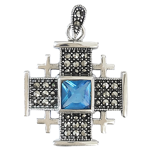 Large Silver Jerusalem Cross with Light Blue Stone