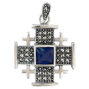 Large Silver Jerusalem Cross with Dark Blue Stone