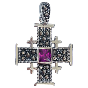 Small Silver Jerusalem Cross with Purple Stone