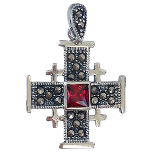 Small Silver Jerusalem Cross with Red Stone