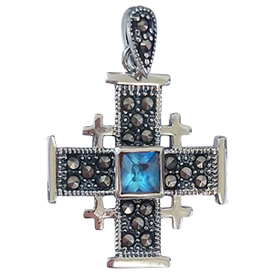 Small Sterling Silver Jerusalem Cross with Light Blue Stone