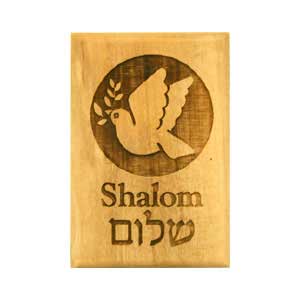 Olivenholz-Magnets mit Friedenstaube und "Shalom"
