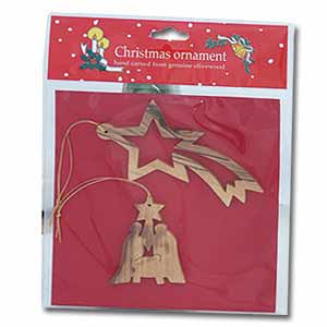 Adornos navideños en madera de olivo.Set con dos ornamentos