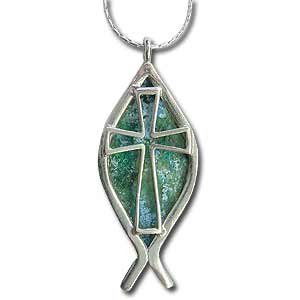 Sterling Silver Roman Glass Fish and Cross Necklace by Michal Kirat