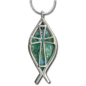 Kette aus Sterling Silber und Fisch und Kreuz aus Römischem Glas von Michal Kirat