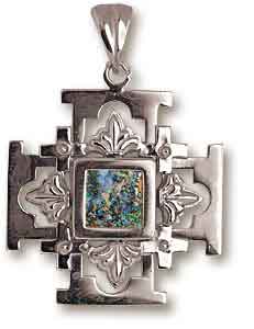 Sterling Silver Roman Glass Jerusalem Cross Pendant