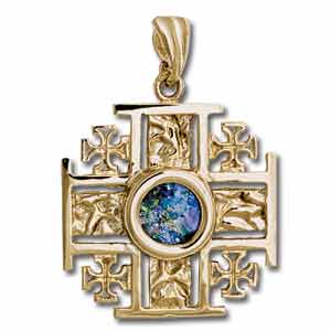 Cruz de Jerusalen - Dije de oro14K con vidrio romano