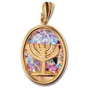 14kt Gold and Roman Glass Menorah Pendant