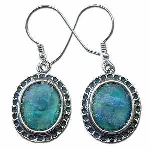 Sterling Silver Roman Glass Oval Earrings by Michal Kirat