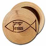 Runde Ollivenholzdose mit Jesus und Fisch
