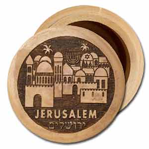 Runde Olivenholzdose mit Jerusalem