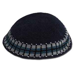 Knit Black Kippah with Grey or Blue Pattern