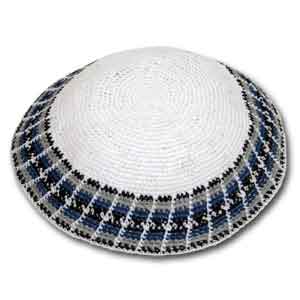 Knit White Kippah with Grey Decoration