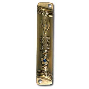 Brass Plated Blue Rhinestone Flower Mezuzah 