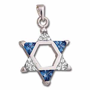 Sterling Silver Star of David Pendant with Blue and Clear Crystals