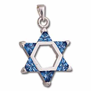 Sterling Silver Star of David Pendant with Blue Crystals