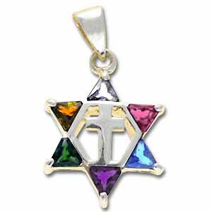 Sterling Silver Messianic Star Pendant with Multi-Colored Crystals