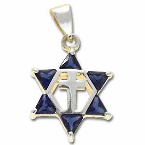 Sterling Silver Messianic Star Pendant with Dark Blue Crystals