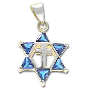 Sterling Silver Messianic Star Pendant with Light Blue Crystals