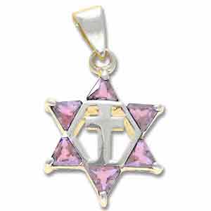 Sterling Silver Messianic Star Pendant with Pink Crystals