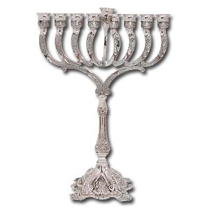 Hanukkah Menorah. Silver Plated with Flower Design.