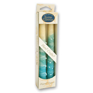 Two Handmade Shabbat Candles, Teal and White