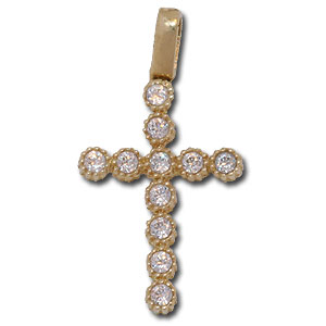 Christian Cross. 14K Gold Pendant with clear crystals.