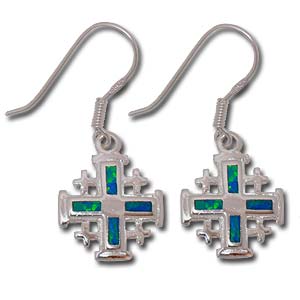 Aros de plata con piedra opal y  la cruz de Jerusalen