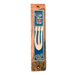 Olive Wood Shin Mezuzah with Flowers