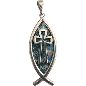 Sterling Silver Roman Glass Fish with Cross Pendant