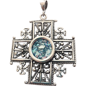 Sterling Silver and Roman Glass Jerusalem Cross Pendant