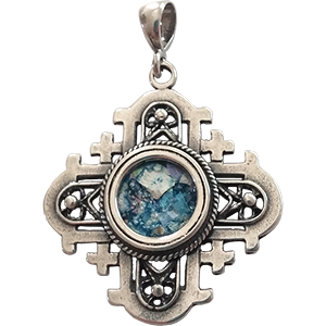 Sterling Silver Roman Glass Jerusalem Cross Pendant