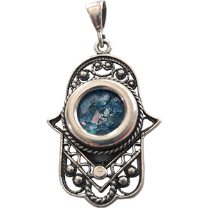 Sterling Silver Roman Glass Hamsa Pendant