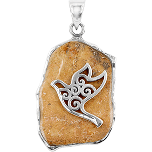 Jerusalem Stone Rectangular Shaped with Silver Peace Dove Necklace