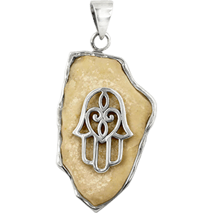 Jerusalem Stone Organic Shaped and Silver Hand of Miriam Necklace