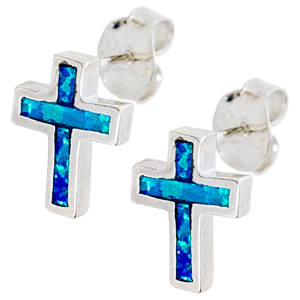 Sterling Silver Synthetic Opal Cross Stud Earrings