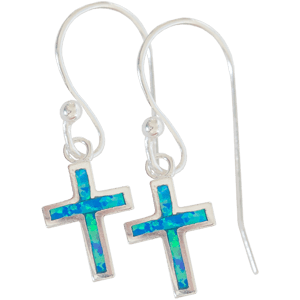 Sterling Silver Synthetic Opal Cross Fishhook Earrings